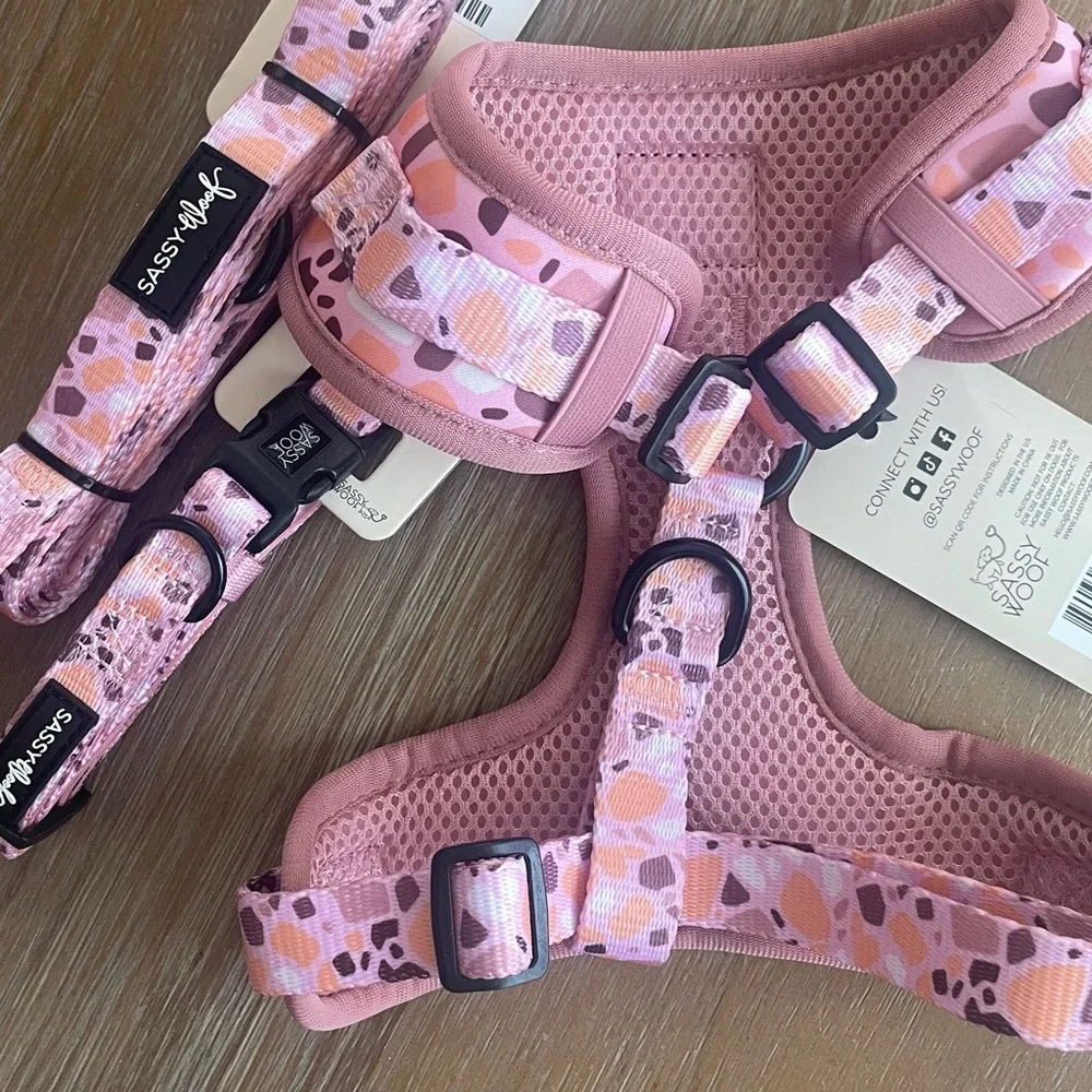 Size SMALL Sassy Woof Pink Mosaic Dog Harness, Collar & Leash Set